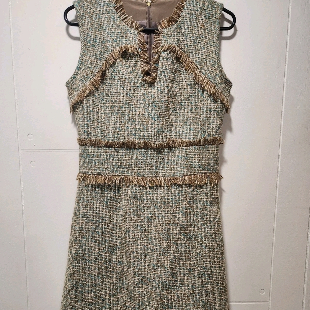Tory Burch Tweed Fringe Sheath Dress in Green and Tan